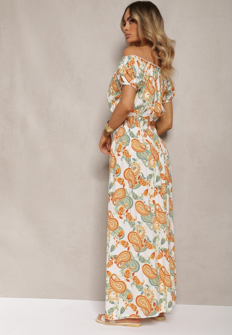 generation Rochie Albă-Portocalie din Bumbac cu Elastic în Talie Baletta