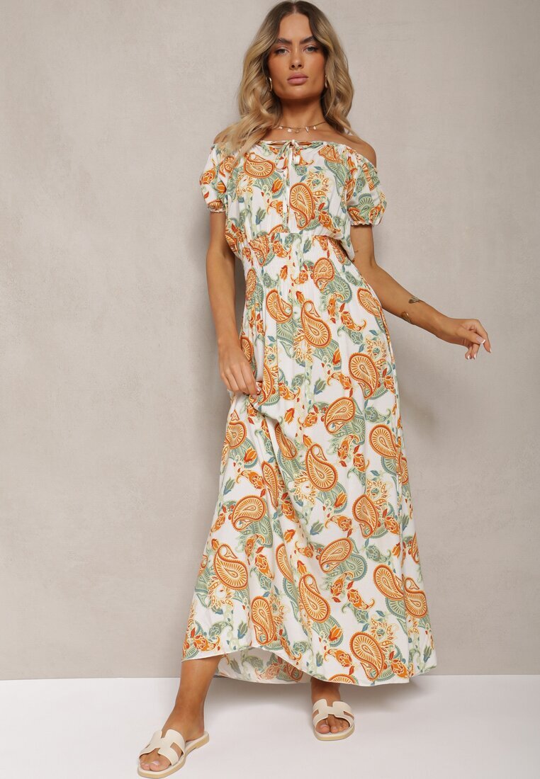 generation Rochie Albă-Portocalie din Bumbac cu Elastic în Talie Baletta