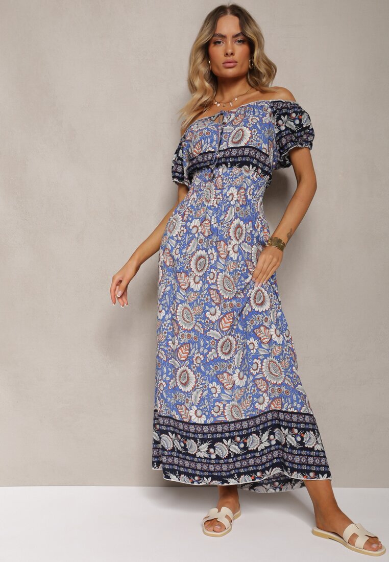 generation Rochie Albastră din Bumbac cu Elastic în Talie și Legătură la Decolteu Hiletta
