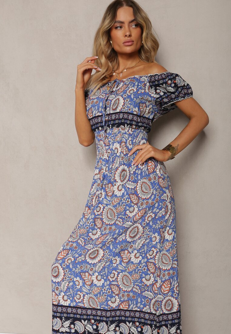generation Rochie Albastră din Bumbac cu Elastic în Talie și Legătură la Decolteu Hiletta