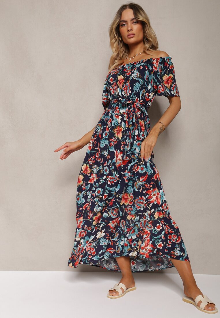 generation Rochie Bleu marin din bumbac stil spaniol cu cordon în talie cu imprimeu floral Risarrae