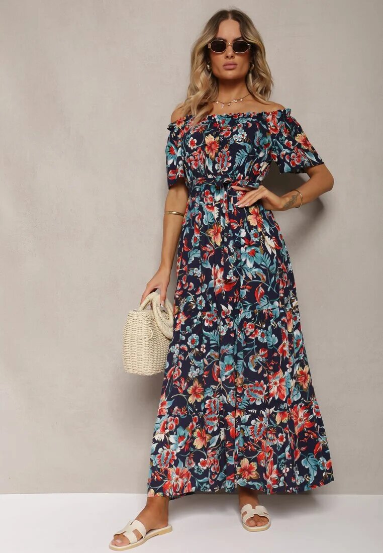 generation Rochie Bleu marin din bumbac stil spaniol cu cordon în talie cu imprimeu floral Risarrae