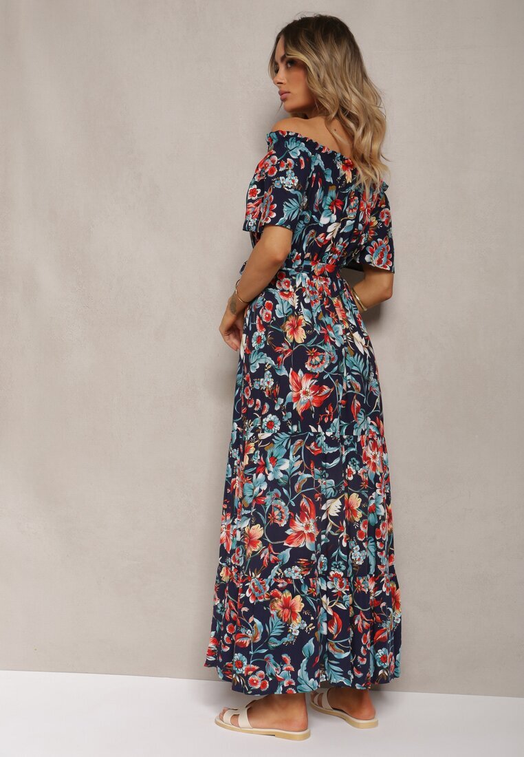 generation Rochie Bleu marin din bumbac stil spaniol cu cordon în talie cu imprimeu floral Risarrae