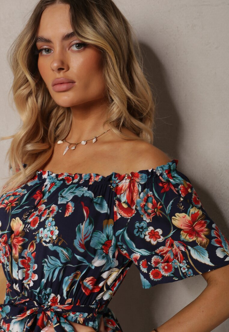 generation Rochie Bleu marin din bumbac stil spaniol cu cordon în talie cu imprimeu floral Risarrae