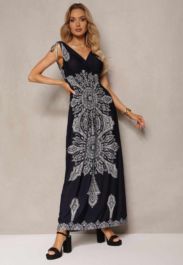 generation Rochie bleumarin cu model ornamental cu șnururi la umeri și elastic în talie Alerada