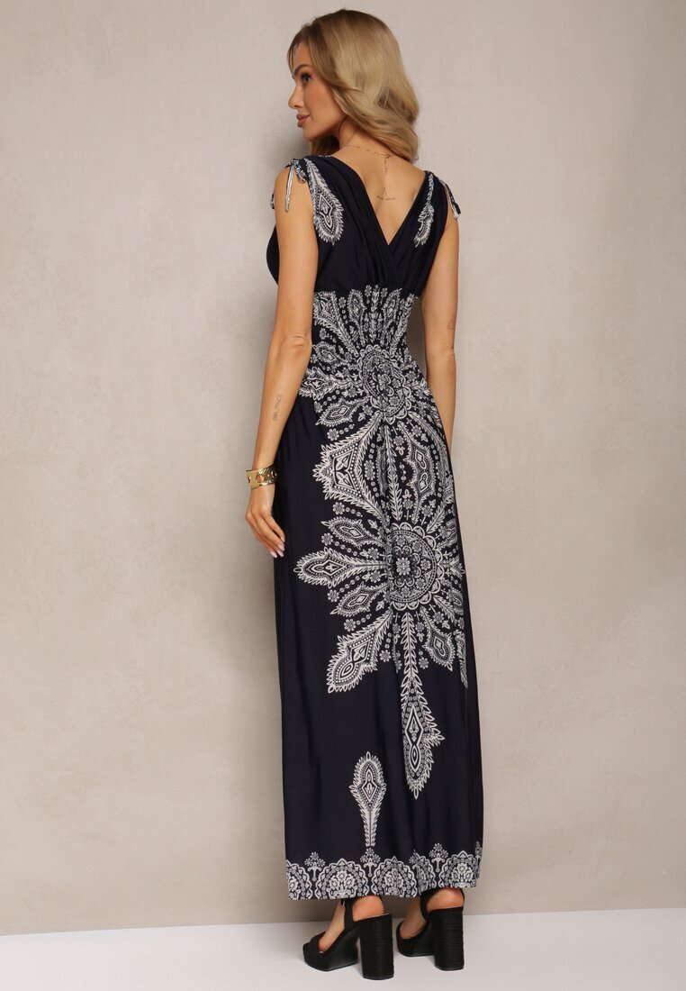 generation Rochie bleumarin cu model ornamental cu șnururi la umeri și elastic în talie Alerada