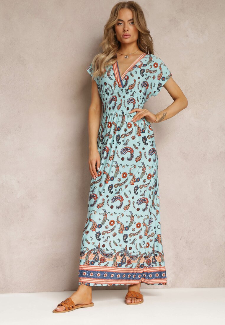 generation Rochie Evazată Maxi Albastru deschis cu Imprimeu Paisley cu Elastic în Talie Zoenia