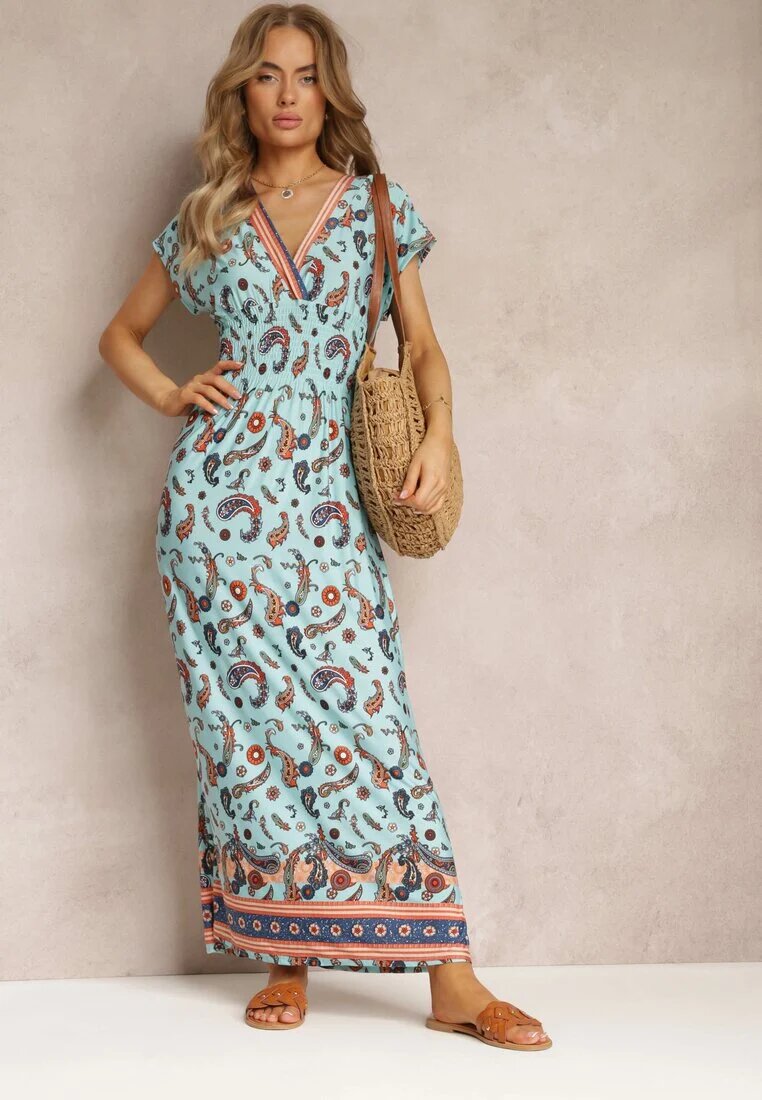 generation Rochie Evazată Maxi Albastru deschis cu Imprimeu Paisley cu Elastic în Talie Zoenia