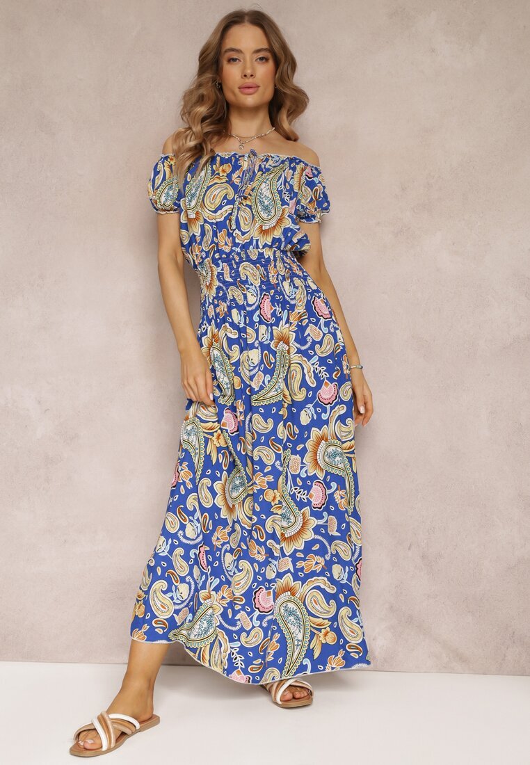 generation Rochie Maxi Albastră de Bumbac cu decolteu spaniol și elastic subțire în talie Alarina