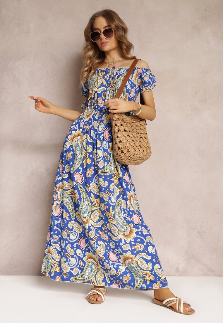 generation Rochie Maxi Albastră de Bumbac cu decolteu spaniol și elastic subțire în talie Alarina