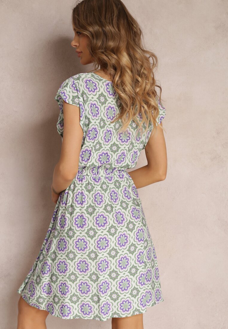 generation Rochie Mini din Bumbac Verde-Mov cu Model Mozaic cu Elastic în Talie Fiyona