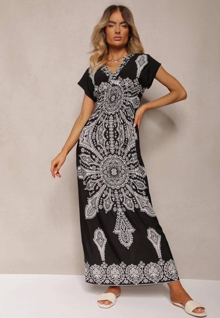 generation Rochie Neagră de Vară cu elastic în talie cu top petrecut și imprimeu ornamental Avilepea
