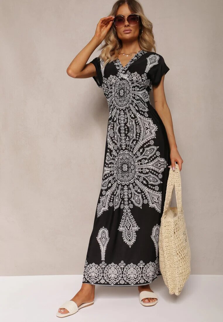 generation Rochie Neagră de Vară cu elastic în talie cu top petrecut și imprimeu ornamental Avilepea