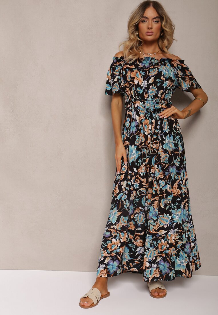generation Rochie Negru-Albastră de bumbac spaniolă legată în talie cu imprimeu floral Risarrae