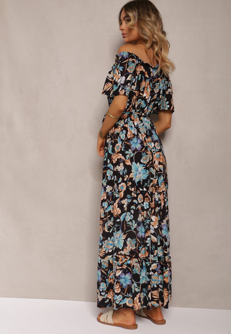 generation Rochie Negru-Albastră de bumbac spaniolă legată în talie cu imprimeu floral Risarrae