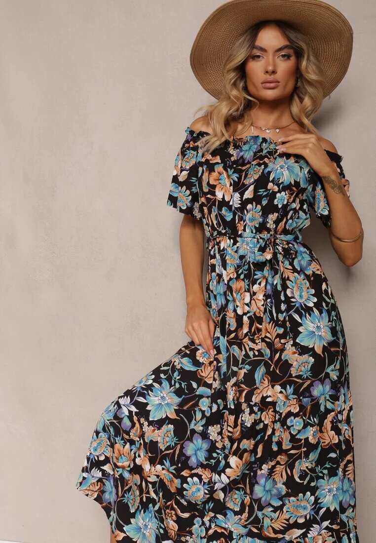 generation Rochie Negru-Albastră de bumbac spaniolă legată în talie cu imprimeu floral Risarrae