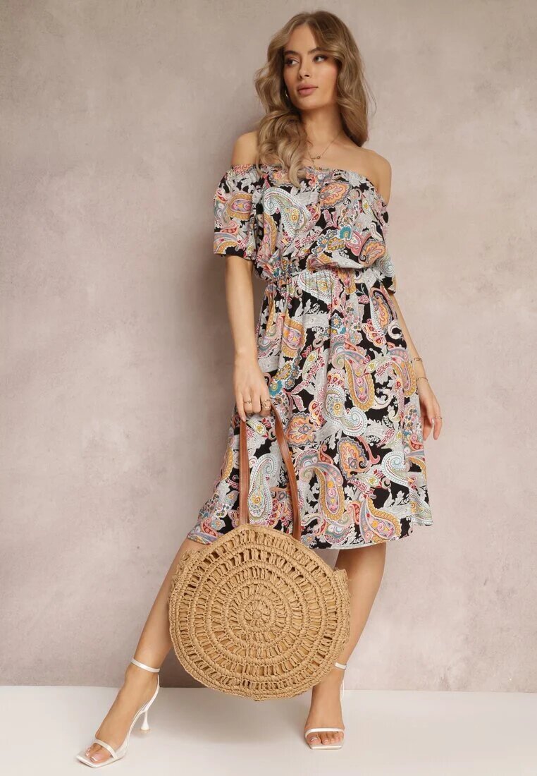 generation Rochie spaniolă bej-negru din bumbac cu elastic în talie și cu model Paisley Temika