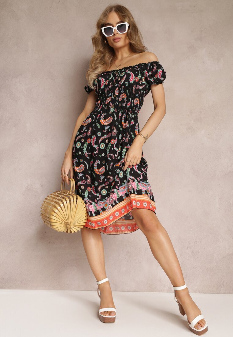 generation Rochie tip spaniolă neagră din bumbac cu elastic în talie și cu model Paisley Maggies