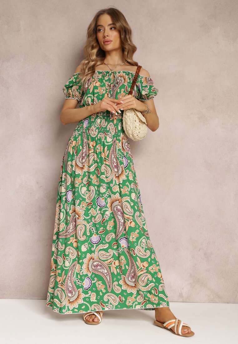 generation Rochie Verde Din bumbac Maxi cu Decolteu spaniol și Benzi elastice subțiri în talie Alarina