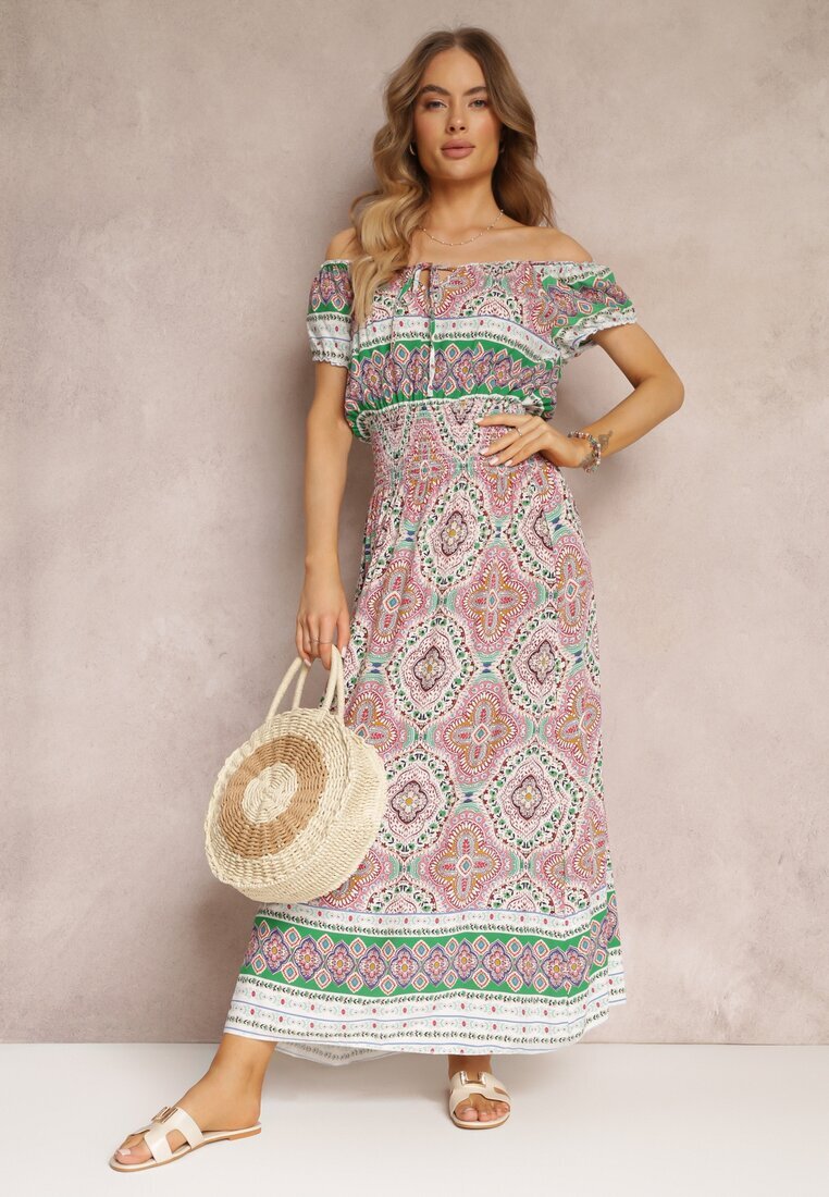 generation Rochie Verde-Roz Maxi cu umeri goi cu elastic în talie și șiret decorativ din bumbac Giannis