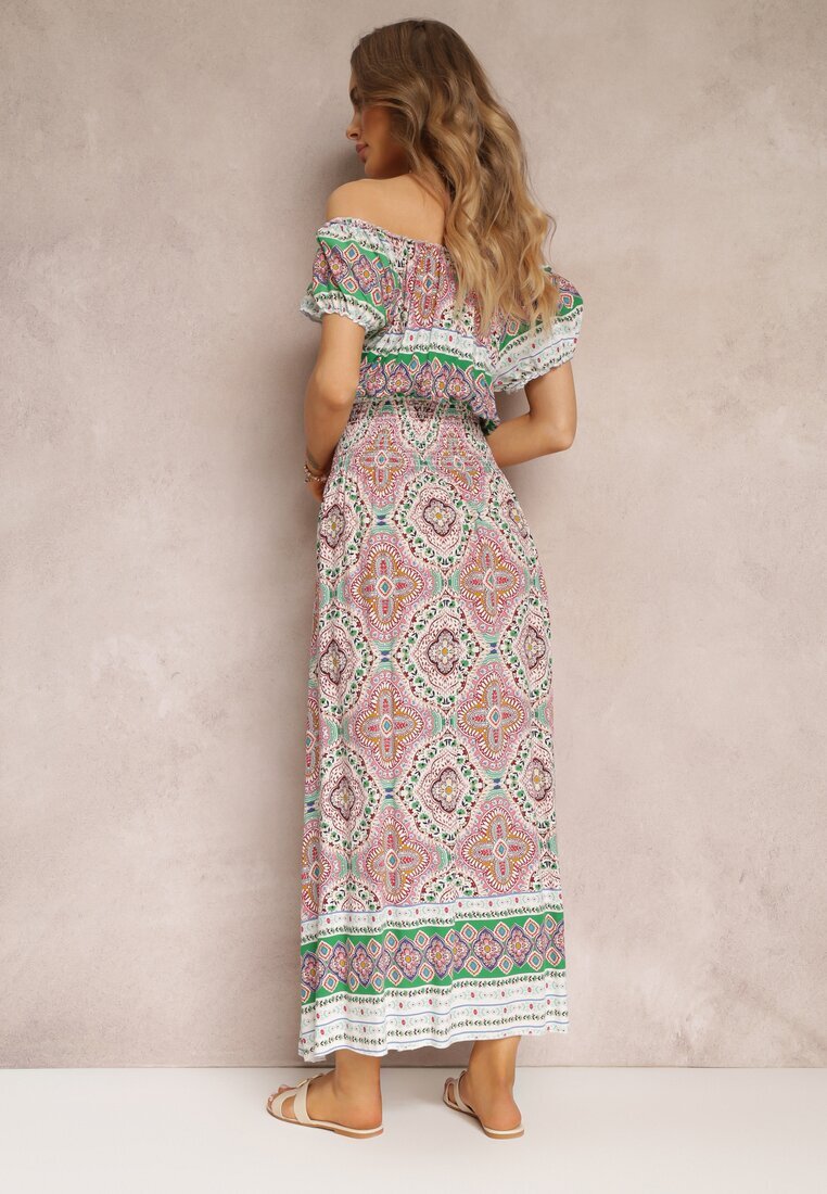generation Rochie Verde-Roz Maxi cu umeri goi cu elastic în talie și șiret decorativ din bumbac Giannis