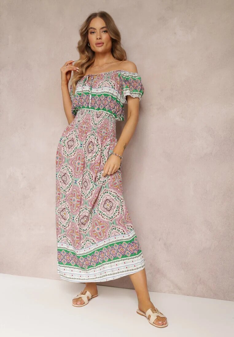generation Rochie Verde-Roz Maxi cu umeri goi cu elastic în talie și șiret decorativ din bumbac Giannis