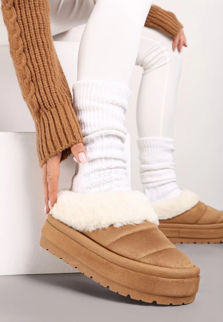  Ghete de zăpadă maro deschis slip-on pe platformă decorate cu blană Sinthiana