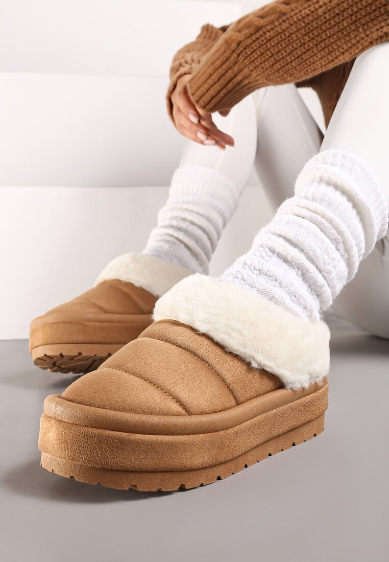  Ghete de zăpadă maro deschis slip-on pe platformă decorate cu blană Sinthiana