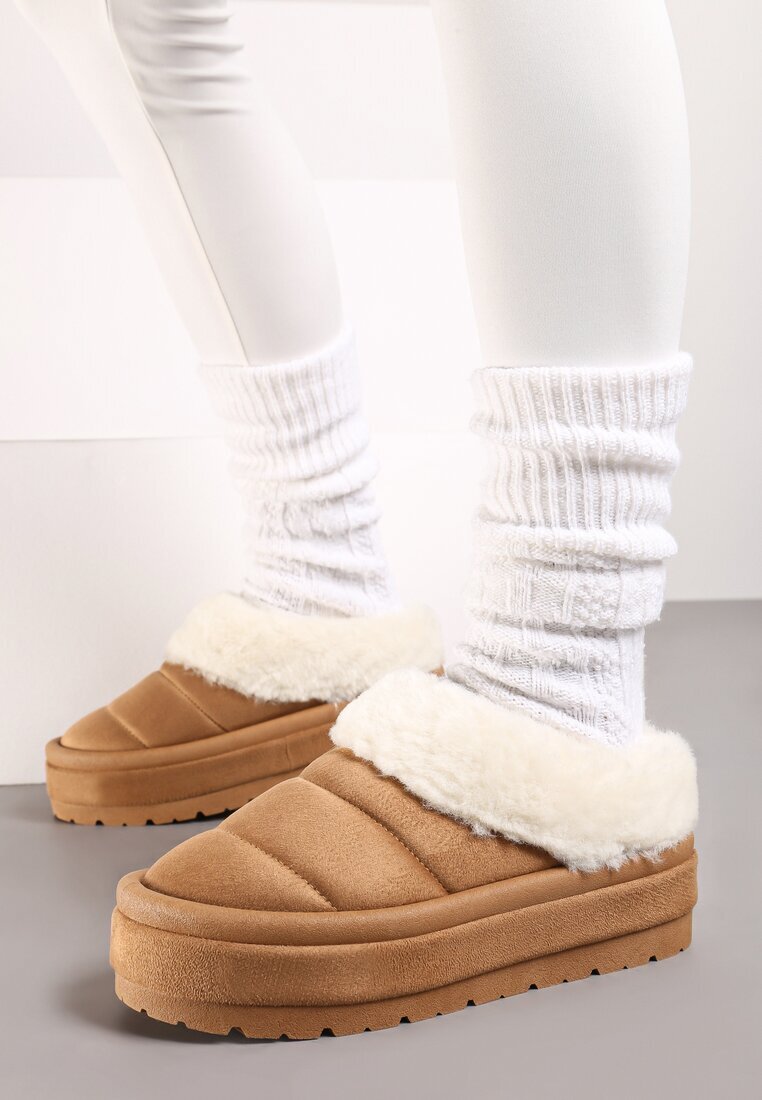  Ghete de zăpadă maro deschis slip-on pe platformă decorate cu blană Sinthiana