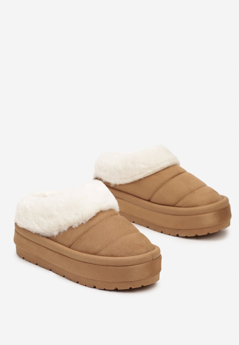  Ghete de zăpadă maro deschis slip-on pe platformă decorate cu blană Sinthiana