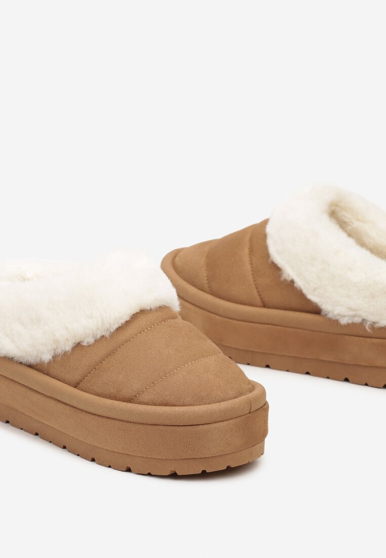  Ghete de zăpadă maro deschis slip-on pe platformă decorate cu blană Sinthiana