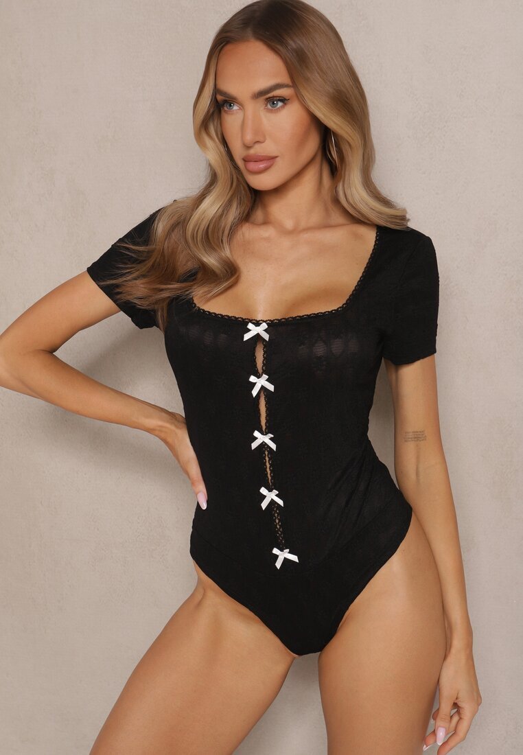 giorgia Body Negru Embosat Mulat cu Decupaje și Fundițe Redola