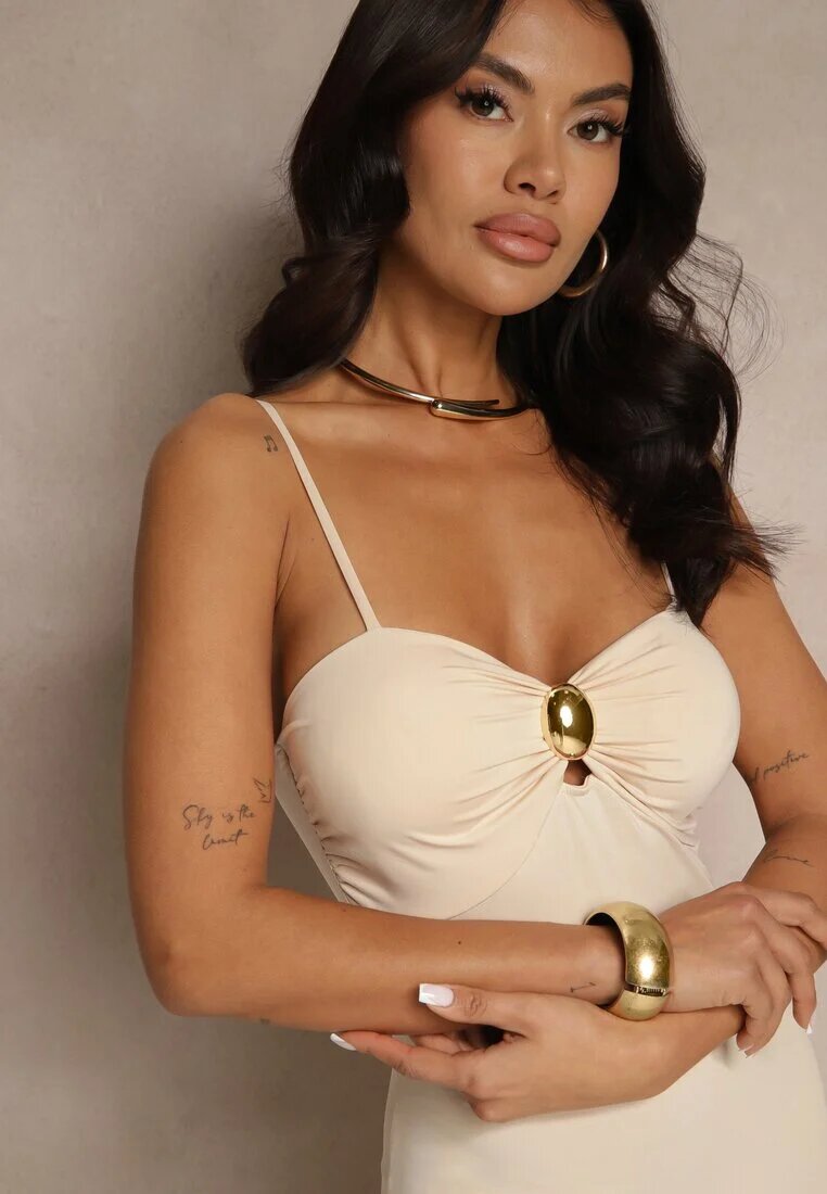 giorgia Rochie Bej cu bretele din viscoză cu aplicații din plasă Savorielle