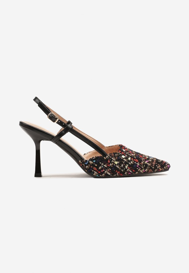 givana Pantofi stiletto negri din tweed Slingback cu vârf ascuțit Binea