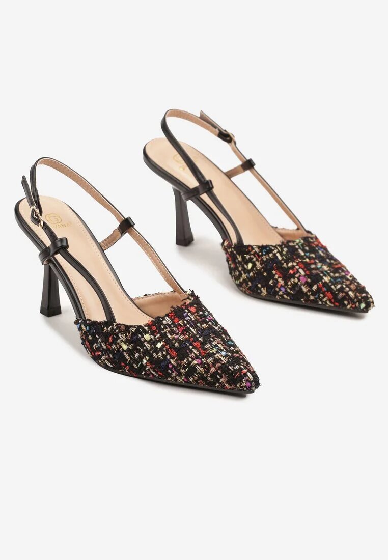 givana Pantofi stiletto negri din tweed Slingback cu vârf ascuțit Binea