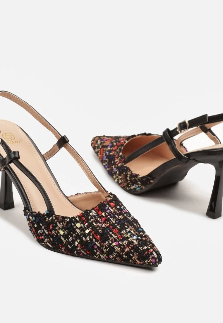 givana Pantofi stiletto negri din tweed Slingback cu vârf ascuțit Binea