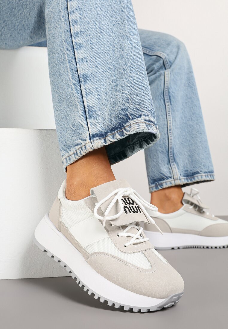 givana Sneakers Alb-Bej pe platformă cu model geometric Aluina