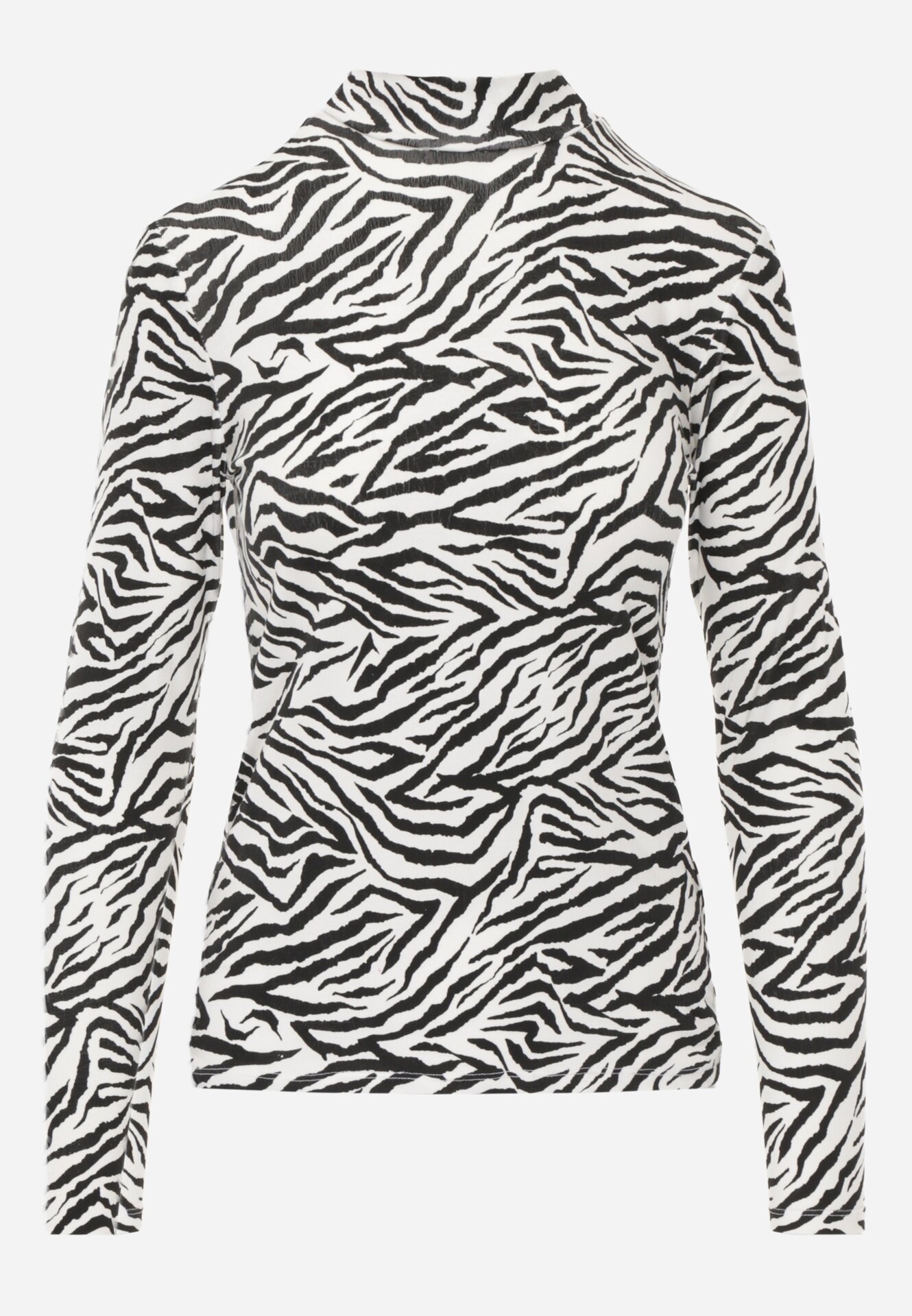 glo-story Bluză Alb-negru din Bumbac Tip Longsleeve cu Guler Înalt cu Imprimeu Zebră Cralissa