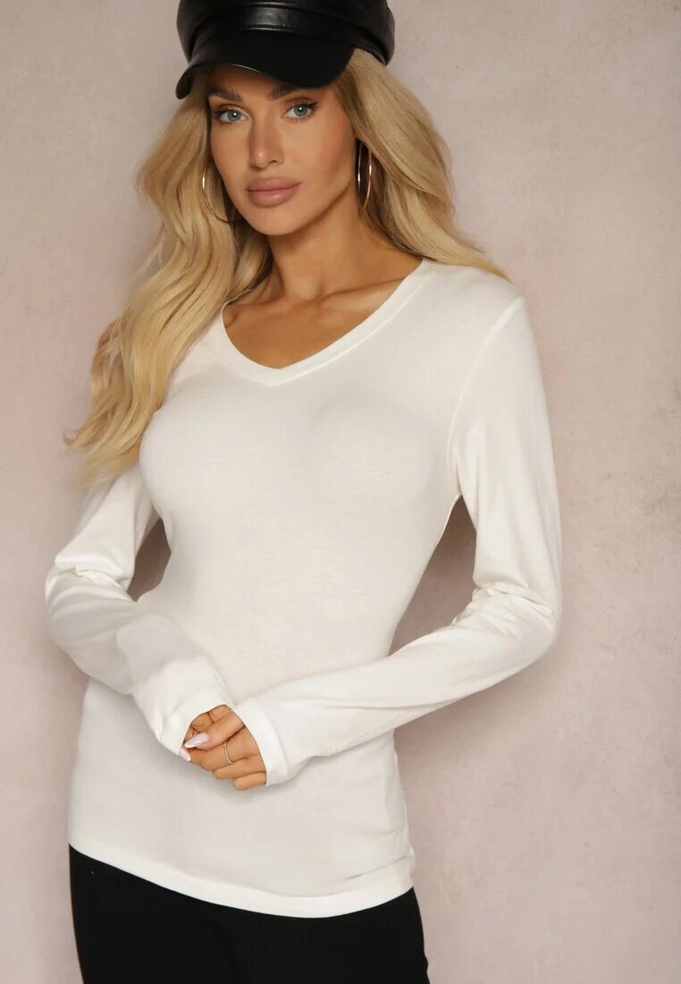 glo-story Bluză Albă Din Bumbac Longsleeve cu Decolteu în V Kairelle