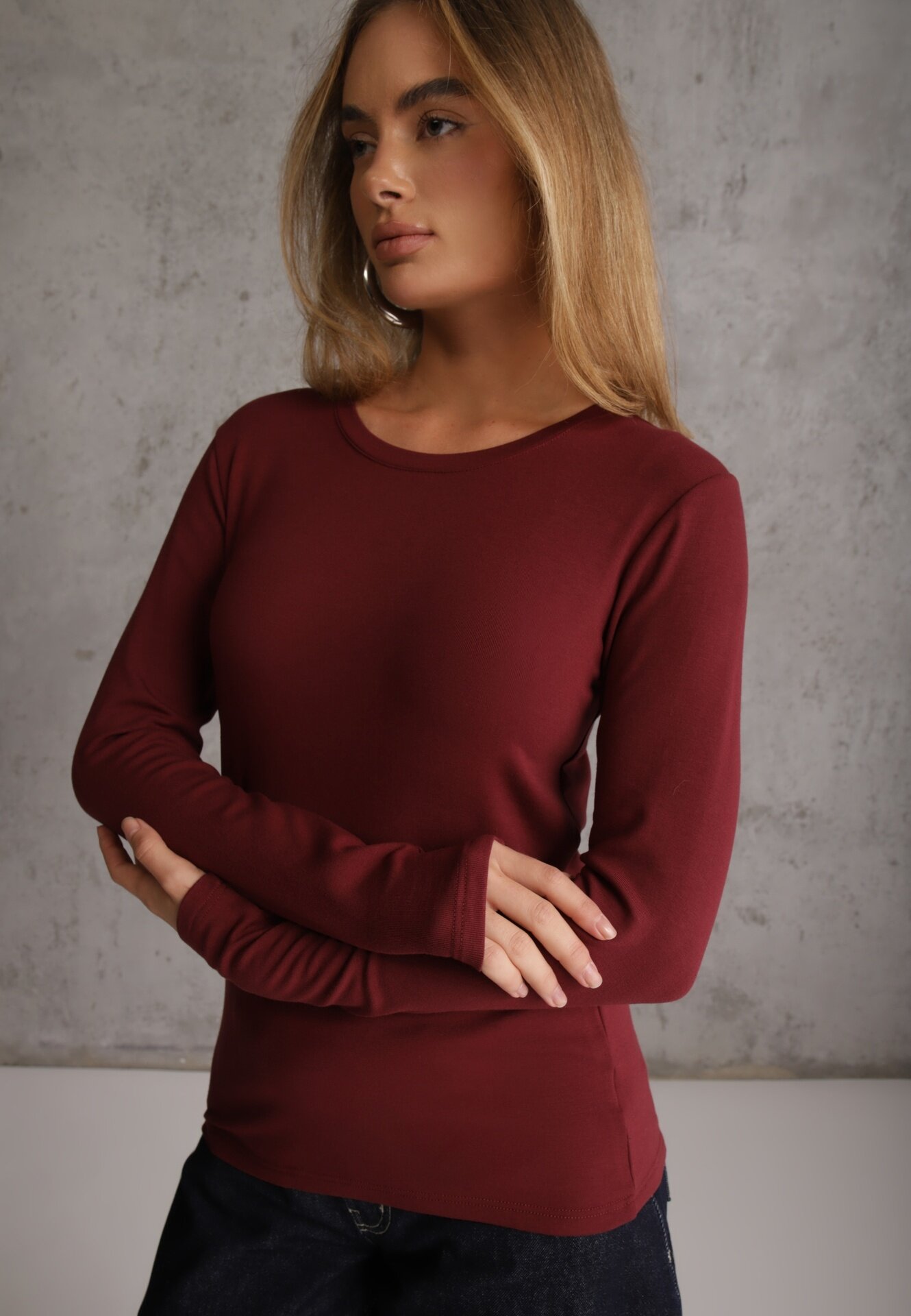 glo-story Bluză Basic cu fason tip longsleeve cu căptușeală ușoară Kuarta Bordo