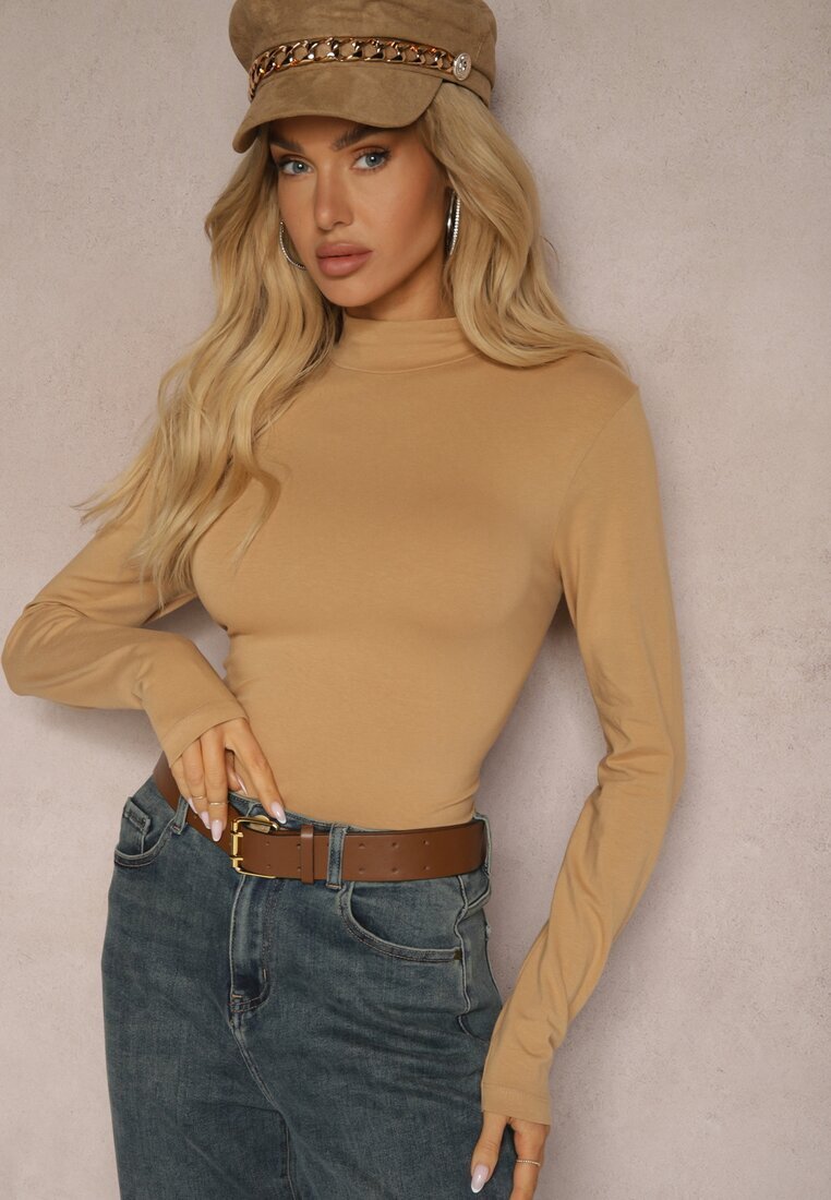 glo-story Bluză Bej închisă Din bumbac Tip Longsleeve cu guler semi-înalt Riata