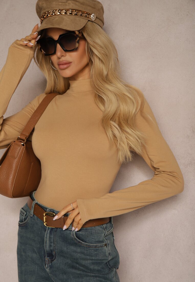 glo-story Bluză Bej închisă Din bumbac Tip Longsleeve cu guler semi-înalt Riata