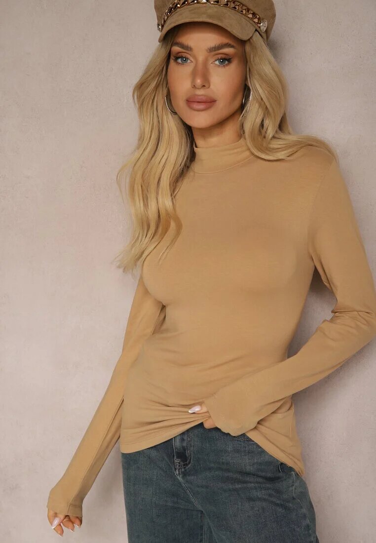 glo-story Bluză Bej închisă Din bumbac Tip Longsleeve cu guler semi-înalt Riata
