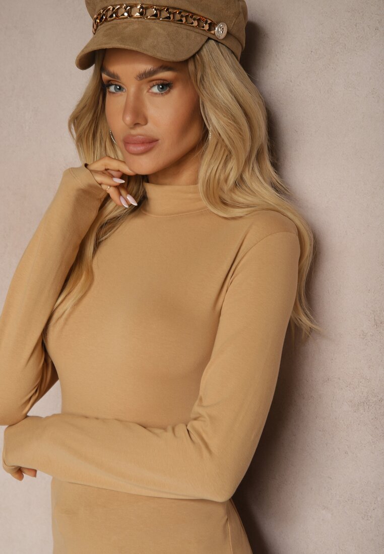 glo-story Bluză Bej închisă Din bumbac Tip Longsleeve cu guler semi-înalt Riata
