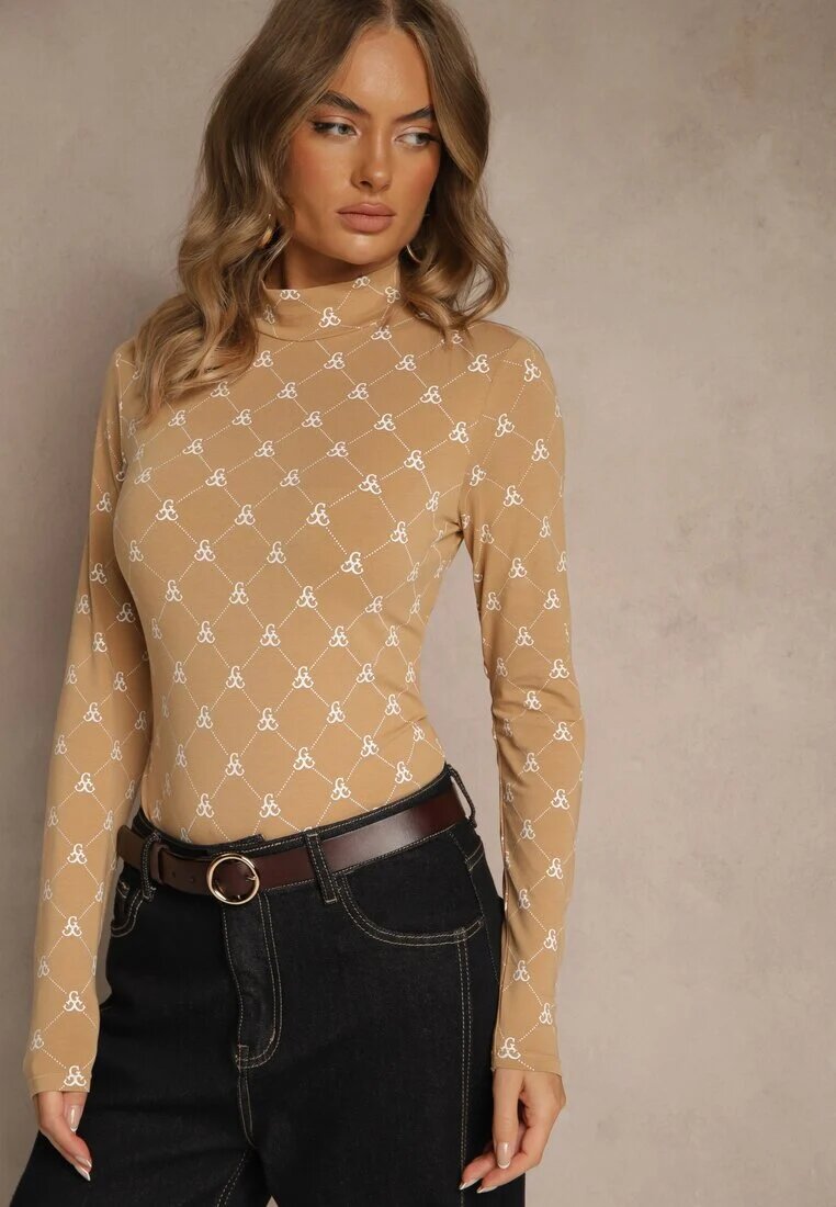 glo-story Bluză Bej Longsleeve Semi-golf din Bumbac Decorată cu Imprimeu Geometric Zantila