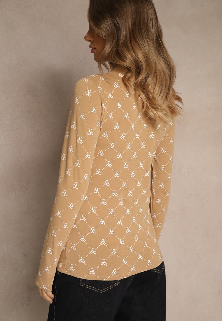 glo-story Bluză Bej Longsleeve Semi-golf din Bumbac Decorată cu Imprimeu Geometric Zantila
