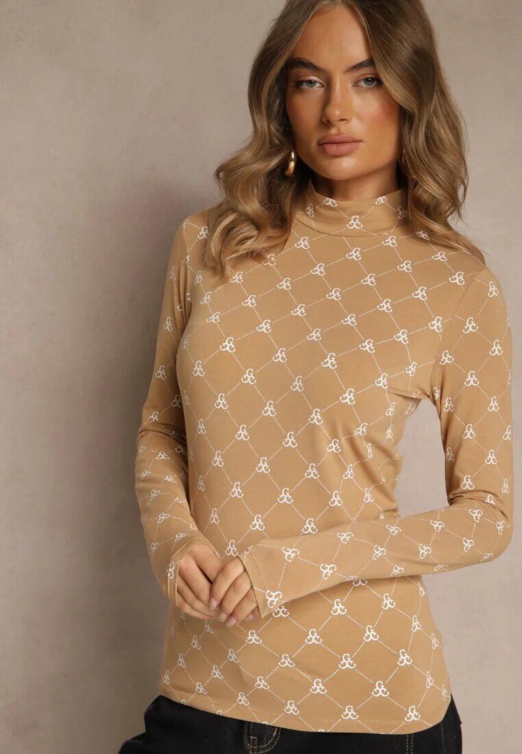 glo-story Bluză Bej Longsleeve Semi-golf din Bumbac Decorată cu Imprimeu Geometric Zantila