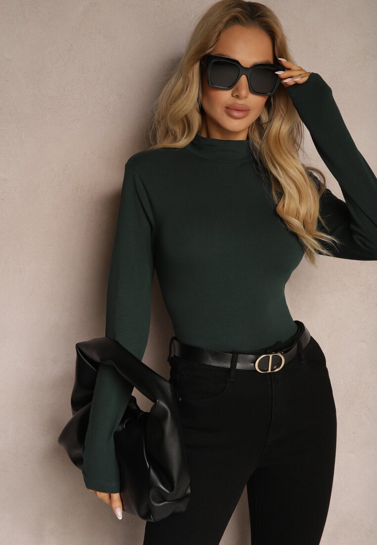 glo-story Bluză Longsleeve de bumbac verde cu guler înalt Riata