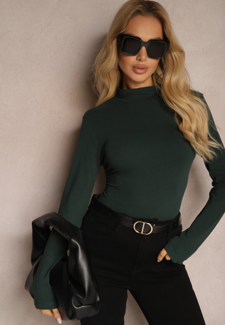 glo-story Bluză Longsleeve de bumbac verde cu guler înalt Riata
