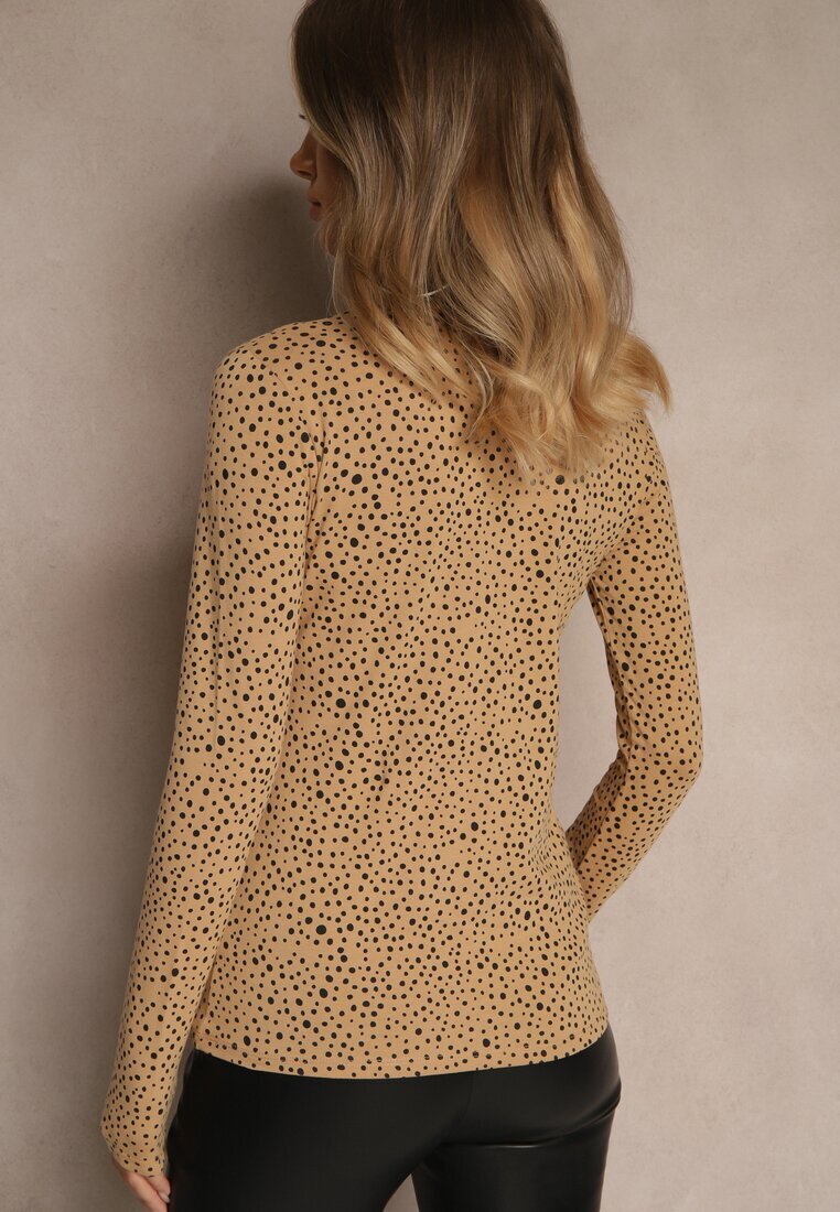 glo-story Bluză Maro Bumbac cu Guler Înalt Tip Longsleeve cu Buline Neatte